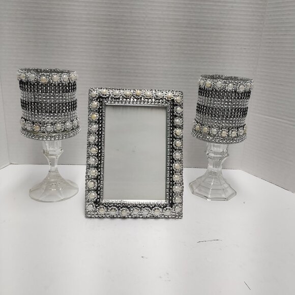 Handmade Glam Silver & Pearl Decor Set – Picture Frame with Matching Candle Hold - Picture 2 of 2